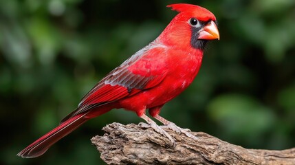 Male cardinal perched on branch, forest background, wildlife photography