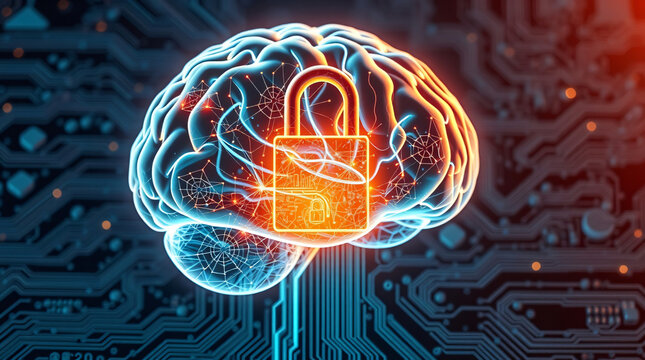 Holographic brain connecting to motherboard - Cyber security