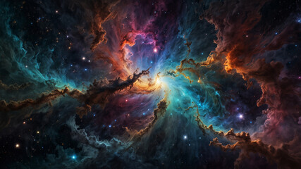 Vibrant colorful nebula in deep space with swirling gas clouds and bright stars