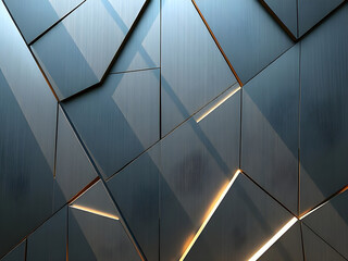Abstract Geometric Metal:  A dramatic close-up showcasing a fragmented metallic surface with sharp angular shapes and warm golden light accents creating a modern, high-tech aesthetic. 