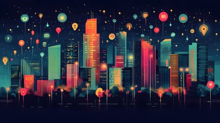 Fototapeta premium Dazzling Neon Lit Cityscape with Soaring Skyscrapers at Night