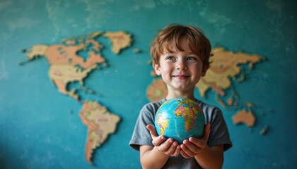 Young boy holds world globe gently. Blue background shows world map. Child looks thoughtful. Image conveys hope for future, care for earth. Learning, exploration, eco, education, future, hope. Child