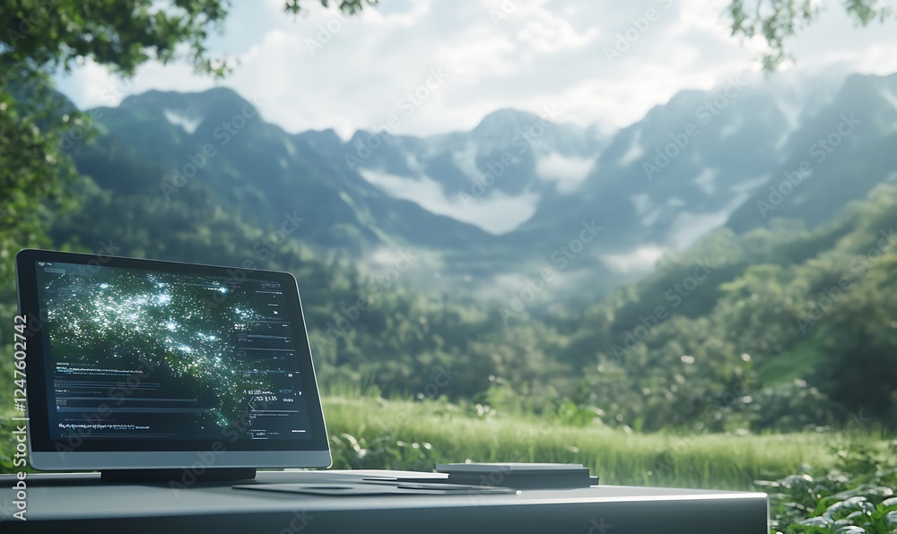Poster scenic mountain view with a laptop showcasing data analysis, blending nature and technology.
