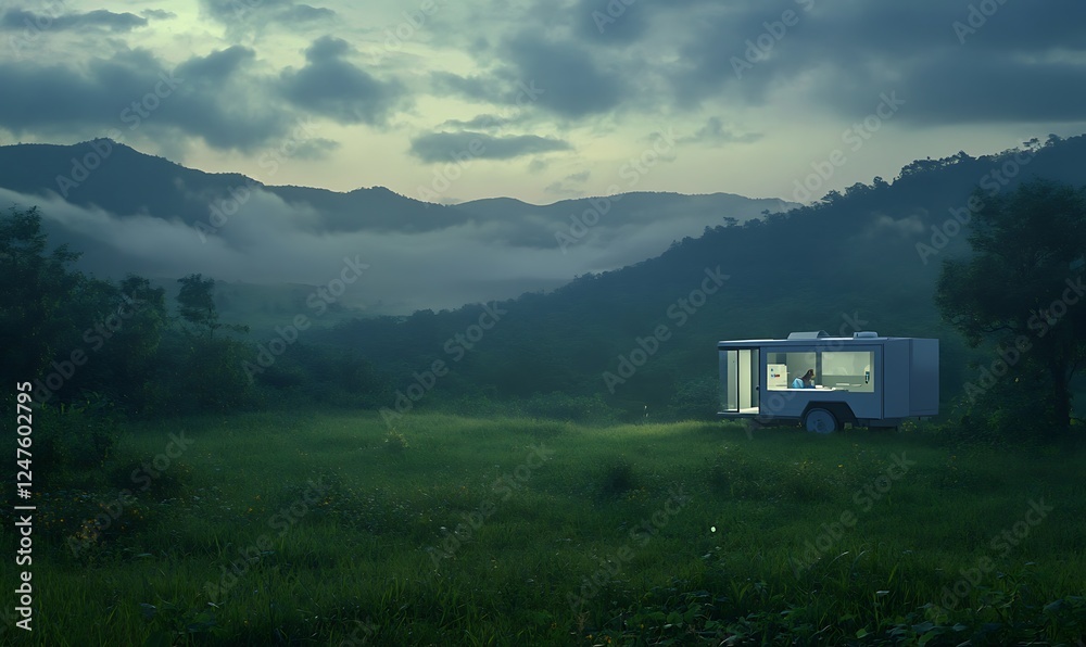 Poster a serene landscape featuring a trailer illuminated at dusk, surrounded by mountains and misty fields