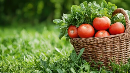 Fresh tomatoes and spinach in basket, garden background, healthy food concept