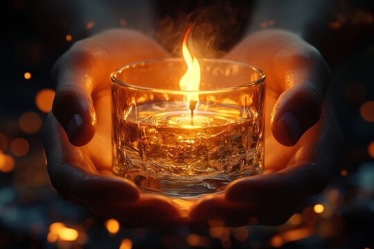 Hands holding a candle flame, night, bokeh. Hope, peace, remembrance