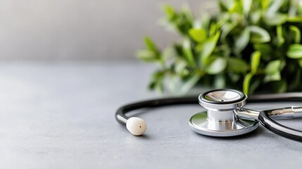 Stethoscope, herbs, healthcare, wellness, gray background, healthy lifestyle