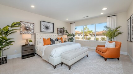 A luxurious master bedroom, with furniture polished and decorations arranged.