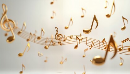 Golden music notes float in air against white background. 3D rendered musical symbols dance on wavy music staff. Abstract modern illustration. Elegant design. Creative tech art style. Stylish graphic
