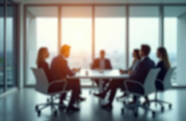 Blurred business people sit in boardroom. In corporate meeting. People in professional attire. Modern office interior with large windows. Meeting taking place. Business people, likely discussing