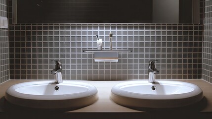 Fototapeta premium A modern bathroom with a sparkling clean sink, faucet, and mirror.