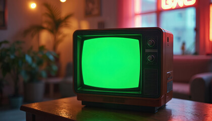 Retro tv set with blank green screen. Dated vintage tv in home interior. Nostalgic 90s tech concept. Old tv shows empty display for chroma key compositing. Image for retro tech media display