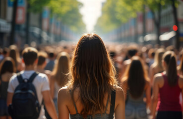 Fototapeta premium Young woman walks in bustling city street. Crowd of people surround. Casual summer style. Back view shows anonymity, urban life. Golden hour sunlight creates warm atmosphere. Scene evokes feeling of