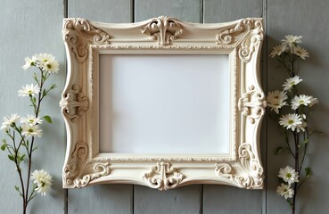 Antique cream-colored picture frame with classic ornate design displayed against gray wooden wall. Decorative flowers positioned next to frame. Home decor ideas for interior design. Ideal for classic