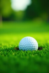 Obraz premium Golf ball partially buried in thick, vibrant green grass, close up, sport