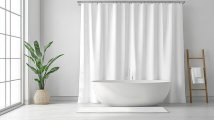 Fototapeta premium A pristine white shower curtain hanging in a freshly cleaned bathroom.