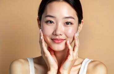 Young Asian woman with fresh skin showing healthy complexion. Smiling, touching face gently. Photo perfect for beauty products. Represents clean skin care facial treatment. Cosmetology studio spa.