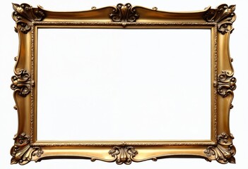 Antique gold picture frame with ornate details. Empty frame for picture. Classic design. Decorative element for art photo. Ornate golden frame suitable for interior decoration. Gold frame isolated on
