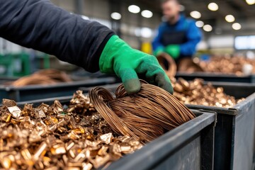 A worker meticulously sorts through piles of copper wire and scrap metal, embodying the essence of recycling and metal recovery in a bustling industrial setting.