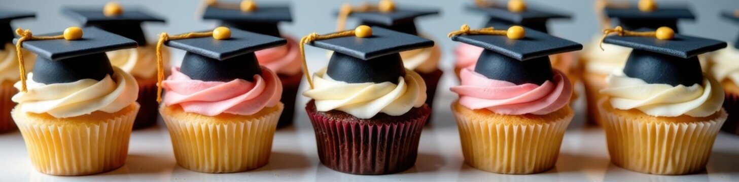 Gourmet graduation cupcakes, elegant buttercream swirls, fondant mortarboards , university, tasty