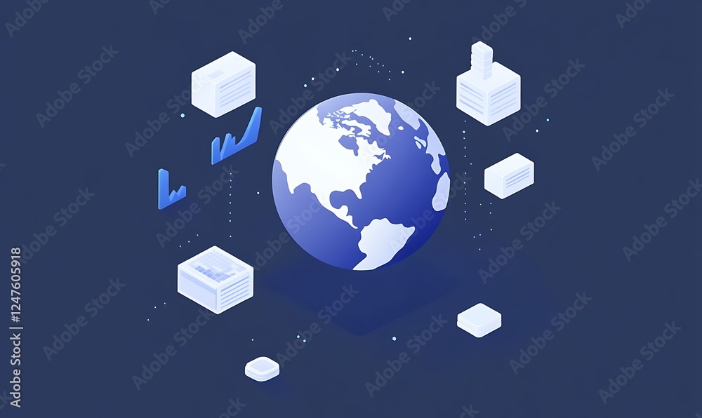 Poster Digital globe surrounded by graphs and data blocks, illustrating global business and analytics concepts.
