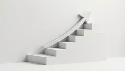 Upward arrow on geometric stairs, symbolizing success and growth 3D render, business and financial progress concept 