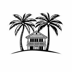 Obraz premium Tropical Paradise: A simple yet elegant illustration of a two-story house nestled between two towering palm trees.