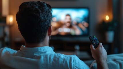 A person relaxing at home, watching television with a remote control in hand, enjoying entertainment in a cozy environment.