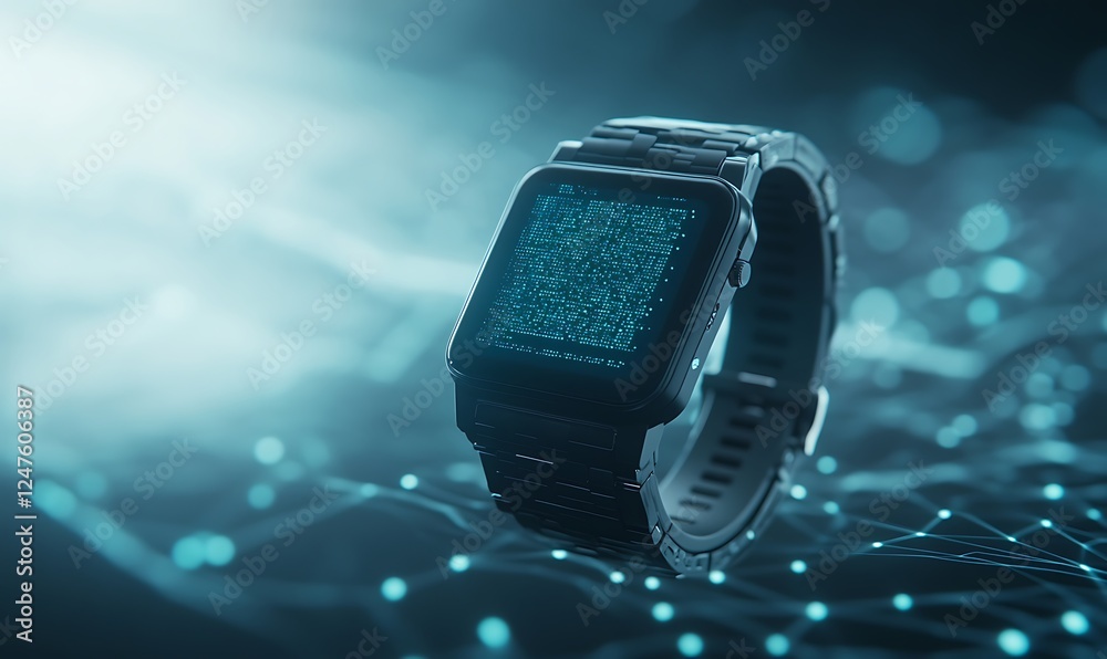 Fototapete futuristic smartwatch with a digital display, illuminated in a tech-inspired environment.