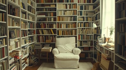 A stylish home library, with bookshelves wiped down and neatly arranged.