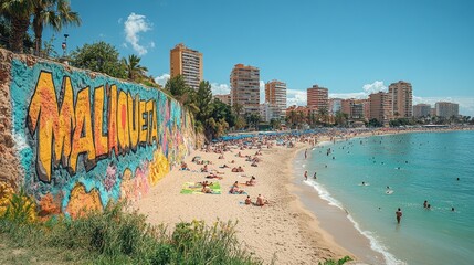 A lively summer day at Malagueta beach in Malaga, Spain, with sunbathers lounging on the sand, colorful beach umbrellas, and a vibrant mural on the wall