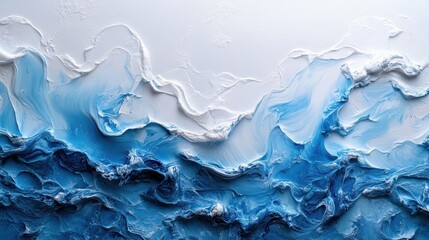 Obraz premium A captivating depiction of crashing waves rendered with thick textures in various shades of blue and white highlights the movement of the sea. The artwork evokes a sense of tranquility and energy