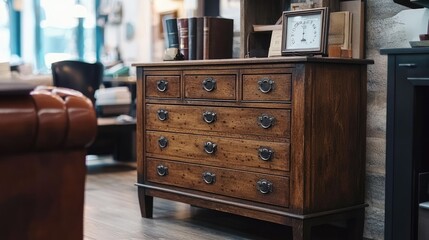 A vintage wooden cabinet in a rustic home, spotless and beautifully arranged.
