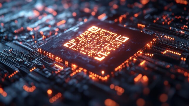 A glowing QR code stands prominently on a dark circuit board filled with intricate electronic components, illuminated by orange and red lights, during a nighttime technology setup