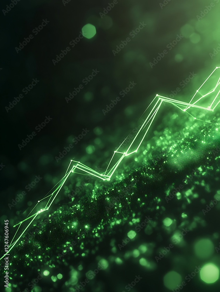Poster Abstract green background with a glowing line graph illustrating upward trends and sparkling particles.