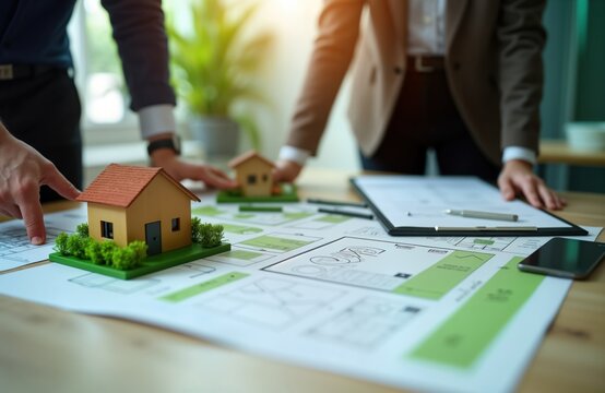 Business team discusses eco-friendly house designs. Planners analyze blueprints for sustainable homes. Collaboration fosters eco-conscious living. Modern office setting. Potential clients review