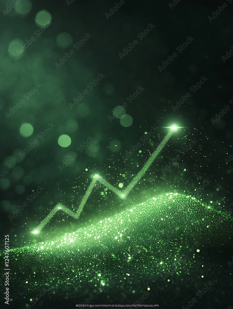 Poster abstract green light with sparkling particles forming a rising chart trend.