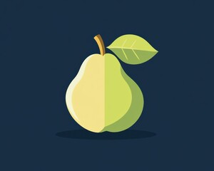 Bright green pear rests prominently on a dark surface. Its round body features a smooth texture, complemented by a single leaf, showcasing vibrant colors and simplicity