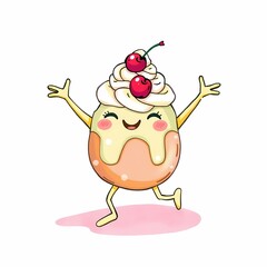 Naklejka premium Happy Dessert Character: A cheerful and whimsical dessert character with a creamy topping and cherry sprinkles, dances with joy.