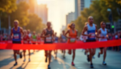 Runners cross finish line in marathon. Urban city street scene. Blurred motion highlights speed, energy of athletes. Red ribbon goal achievement. Success, motivation. Sport competition. Marathon