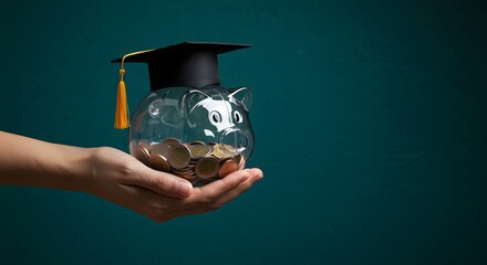 Investing in future, Clear piggy bank, graduation cap, and financial security