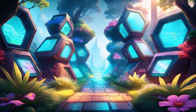Fondo futurista de videojuegos con tem&aacute;tica de primavera, hexagonos de cristal con luces neon y naturaleza. Ilustraci&oacute;n