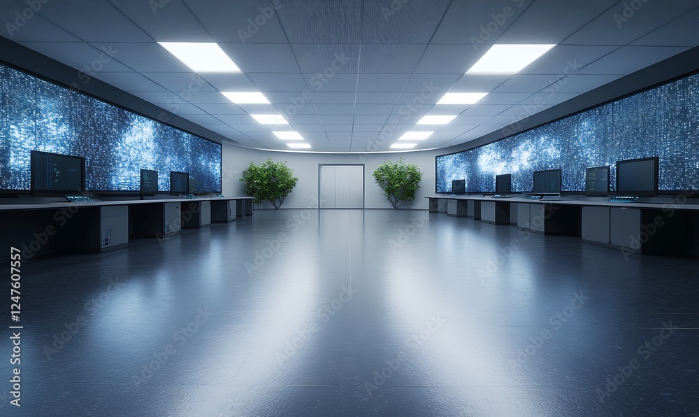 Poster Modern office space with computers, plants, and illuminated walls, creating a tech-friendly environment.