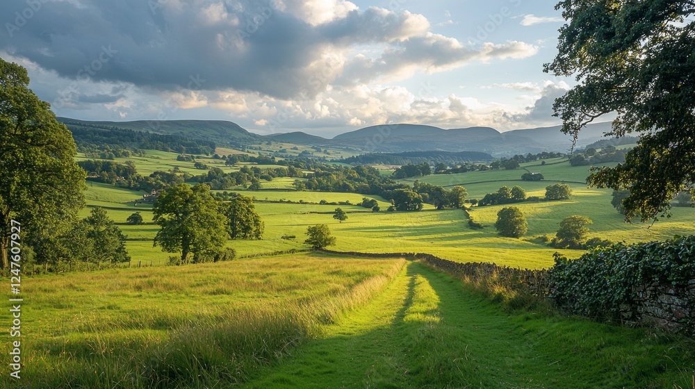 Poster lush green fields stretch across the countryside, gently rolling beneath a partly cloudy sky. nature