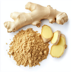 Fototapeta premium Top view of ground dry ginger powder isolated on a white background