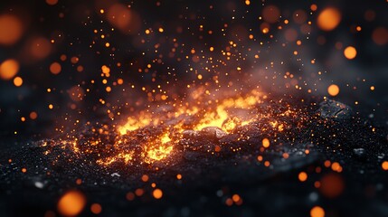 Fototapeta premium Volcanic eruption sparks lava flow nature dark environment close-up view dynamic energy