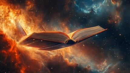 A Majestic Book soaring through the cosmic wonders of a celestial galaxy