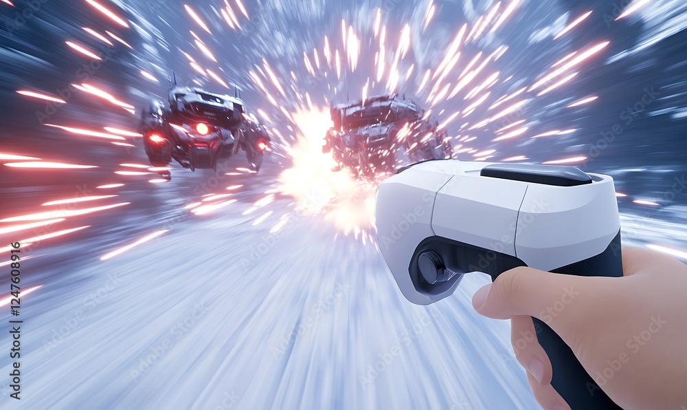 Poster a hand holding a gaming controller aims at two exploding vehicles in a snowy landscape.
