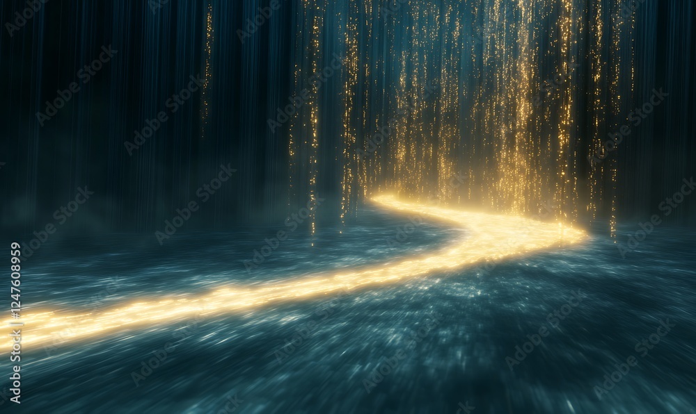 Aufkleber A shimmering path of light flows through a dark, misty environment, creating a magical atmosphere.