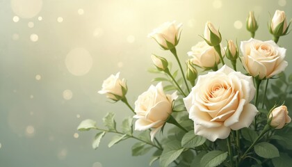 Elegant bouquet of pale cream roses. Soft lighting highlights delicate rose petals. Floral arrangement creates tranquil, heartfelt image. Perfect for sympathy cards memorial templates. Tenderly